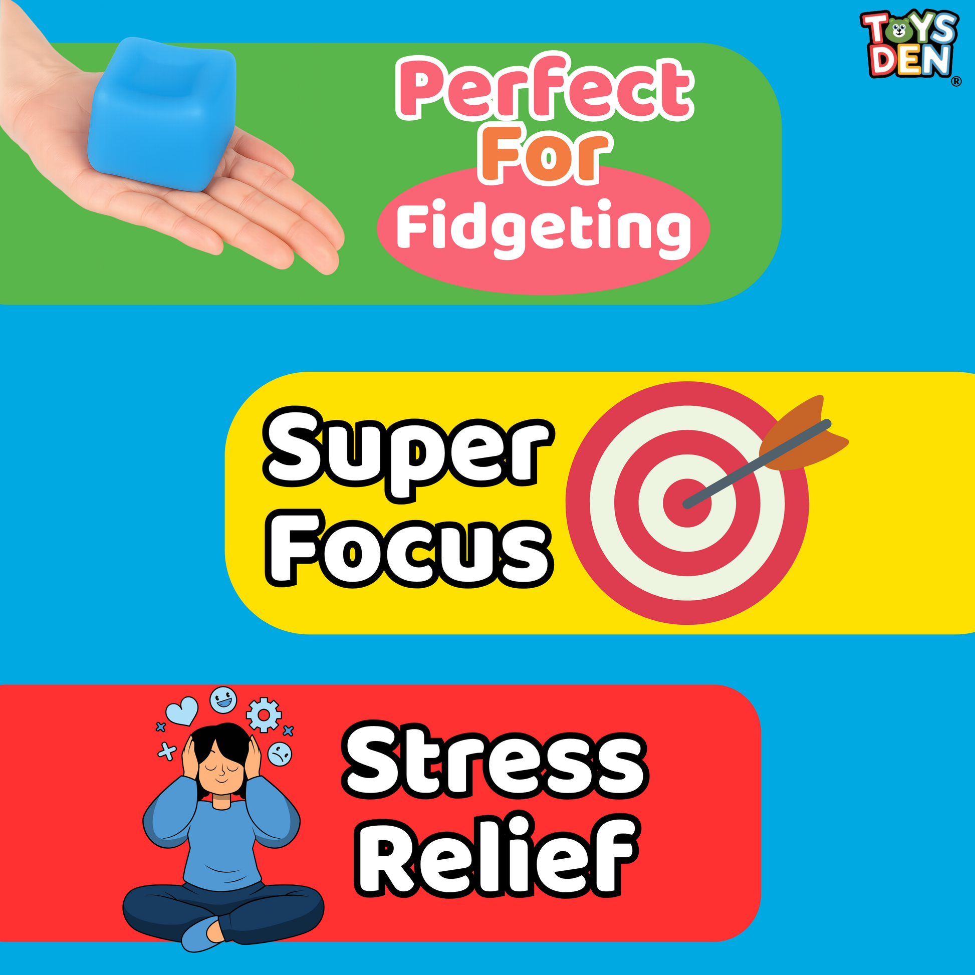 Toys Den Sensory Stress Cube Balls packaging showing safe, BPA-free materials